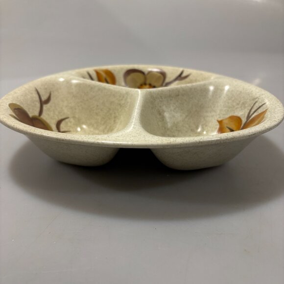 Radford Divided Ceramic Serving Dish 1970s Earth Tone Flowers Handpainted CHIP - Picture 2 of 8